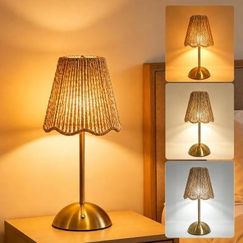 Boho Rattan Table Lamp,Rechargeable Led Desk Lamp,Small Wicker Lamp with 3 Color Dimmable & Touch Control,Vintage Ambient Lamp for Living Room Bedroom Kitchen,Home Outdoor Decoration