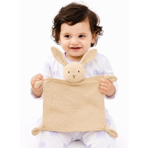 ZIGJOY Bunny Lovey Muslin Cotton Baby Security Blanket Soft Breathable Lovies for Babies Gifts for Newborn Infant Toddler Boys and Girls, Khaki