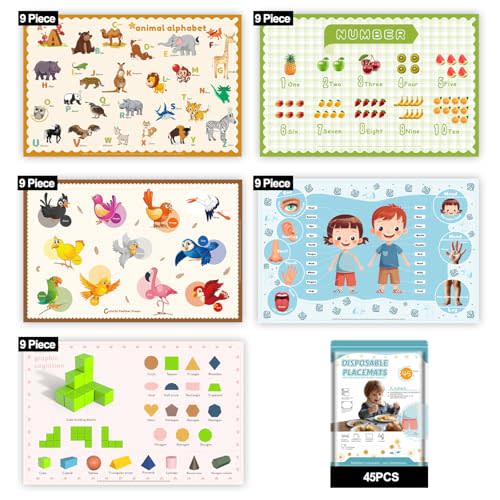 KAshack 45 Pack Sticky Disposable Placemats for Baby & Toddlers,Toddler Placemat 12"x18" Kids Table Mat for Party, Picnic Table, Restaurants Dining Table Travel Essentials for Toddlers with 5 Designs