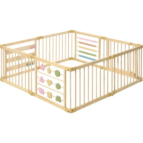 Wooden Playpen Extra Large for Toddlers and Babies - Foldable, Expandable, Adjustable - 8-10 Panels - Natural Wood - Unisex - Playpen
