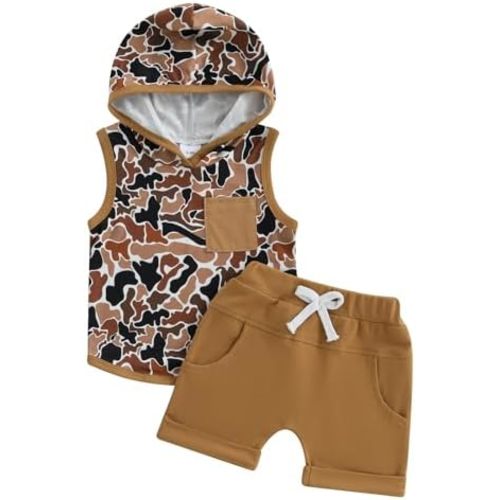 Baby Boy Clothes Camo Print Hooded Sleeveless Top and Drawstring Shorts Set 2Pcs Infant Toddler Summer Outfit