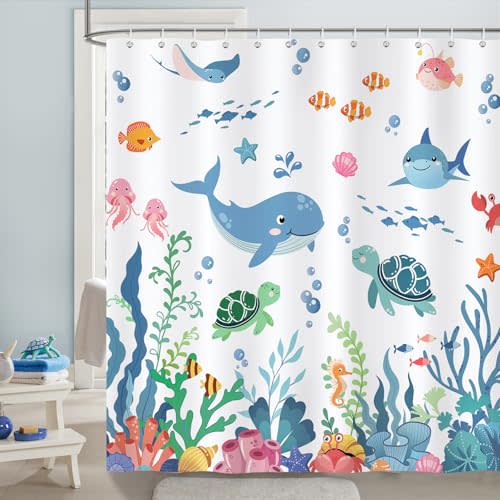 Bonhause Kids Shower Curtain, Cute Ocean Whale Sea Turtle Fish Underwater World Bathroom Decor for Boys Girls 72 x 72 Inch Polyester Fabric Waterproof Bath Curtain with 12 Hooks