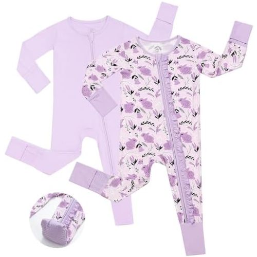 JunNeng Baby Girl Viscose from Bamboo Sleeper with Mitten Cuffs, 2 Way Zipper Romper, Sleep N' Play Pajamas 0-18 Months