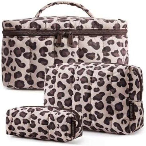 BAGSMART Travel Makeup Bag for Women, 3 Pcs Puffy Quilted Cotton Cosmetic Organizer, Large Toiletry Case and Small Purse Pouch for Gym, Work, Girls (Leopard Print)