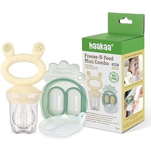 Haakaa Freeze-N-Feed Mini Combo with Silicone Food Feeder & Silicone Mini Nibble Tray|Baby Solid Food Self Feeder|Breastmilk Popsicle Mold Storage & Feeder for Soothing Baby Gums 1 PK