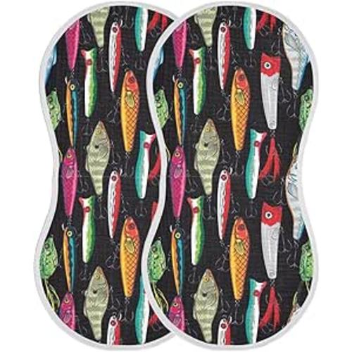 Colorful Fishing Lures Muslin Burp Cloths for Baby Boys and Girls - 2-Pack Ultra Absorbent Muslin Washcloths, Newborn Towel, Milk Spit Up Rags, Burp Cloth Bibs, 22 x 11 Inch