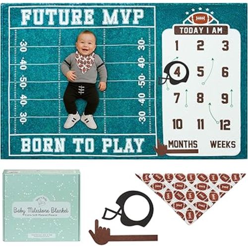 Bliss n' Baby Monthly Milestone Blanket for Baby Boys - 60"x40" - Wrinkle Free Football Age Month Blanket with Growth Chart - Washable & Dryable - w/Frames & Cotton Bib - Sports Theme Baby Accessories