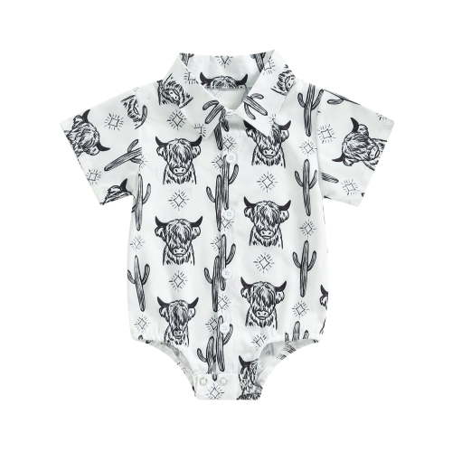 Western Baby Boy Clothes Cow Print Shirt Romper Short Sleeve Lapel Button Bodysuit Cowboy One Piece Gentleman Outfit