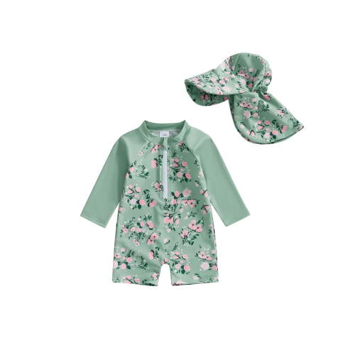 Loicainy Toddler Baby Girl Long Sleeve Swimsuit 3 6 12 24 Months 2T 3T 4T Floral Print Half Zipper Non-Pilling Rash Guard Swimwear Sunhat Set