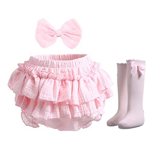 Purbasvi Newborn Infant Baby Girl Cotton Bloomers and Bows Toddlers Ruffle Shorts Diaper Covers Headband Set