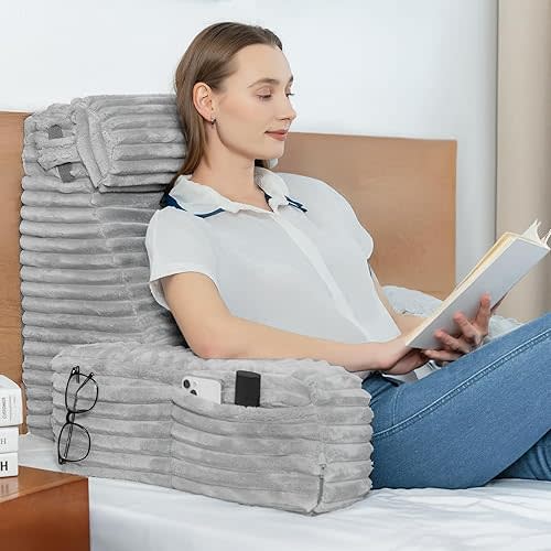 ENITYA 22" XL Back Pillow for Bed Sitting Up with Armrests & Big Pockets