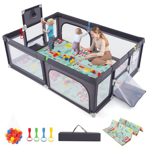 Costzon Large Baby Playpen with Mat, 81'' x 57'' Playpen for Babies and Toddlers w/Basketball Hoop & Soccer Nets, Pull Rings & Ocean Balls, Zippered Gates, Portable Indoor Safety Sturdy Play Yard