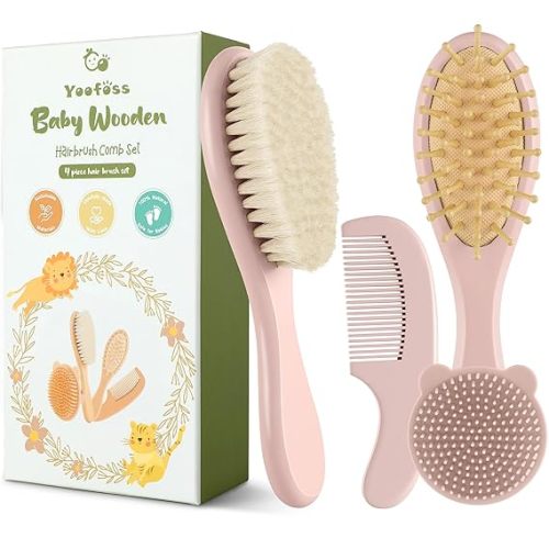 4 Piece Baby Hair Brush and Comb Set，Wooden Baby Hair Brush with Natural Ultra Soft Goat Hair, Baby Comb Set for Boy, Girl - Pink