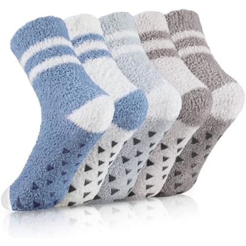 fauson Fuzzy Socks for Women - 5 Pair Fuzzy Socks with Grip, Cozy Slipper Socks for Women, Womens Soft Comfort of Coral Fleece
