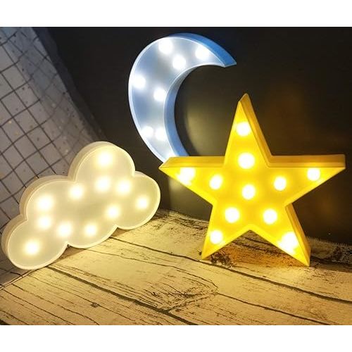 3PCS Decorative LED Crescent Moon Cloud and Star Night Lights Lamps Marquee Signs Letters for Baby Nursery Decorations Gifts for Children (Moon Cloud and Star)