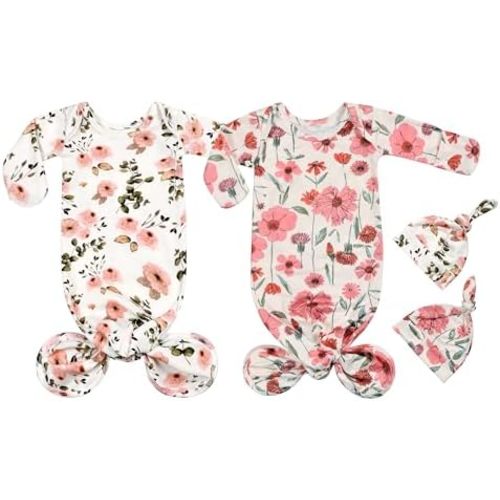 Newborn Cotton Knotted Gown Sleeper Gown with Beanie Set Baby Girl Nightgowns Coming Home Outfits 2 Packs
