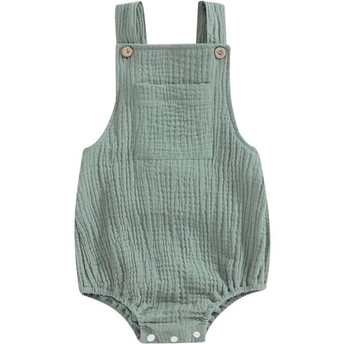 Sasaerucure Baby Cotton Linen Overalls Solid Color Sleeveless Square Neck Backless Romper for Boys Girls