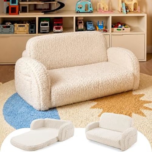 little dove 2-in-1 Sherpa Fold Out Kids Couch, Extra Wide Comfy Kid Chair, Convertible Kids Sofa, Foldable Kid Couch with High Density Foam for Boys & Girls, Beige