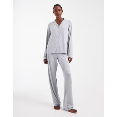 ASOS DESIGN Tall super soft long sleeve shirt & pants pajama set with contrast piping in gray