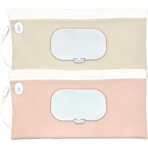 Wet Wipes Dispenser for Baby, Beige & Pink Baby Wipe Dispenser, Portable Nappy Wipe Holders & Wipes Container, Baby Travel Essentials for Travel Wipes, Leakproof for Home, Diaper Bag & On-the-Go (2, Large)