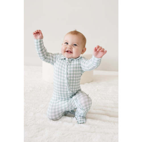 Peter Pan Collar Zipper Footie in Moss Gingham | Caden Lane