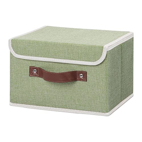 ANMINY Fabric Storage Box Bins with Lids, Green, 10"x8"x7" | Keepsake Memory Storage, Cotton Linen, PP Board Reinforced, Washable, PU Handles, Foldable & Stackable, Decorative, Small