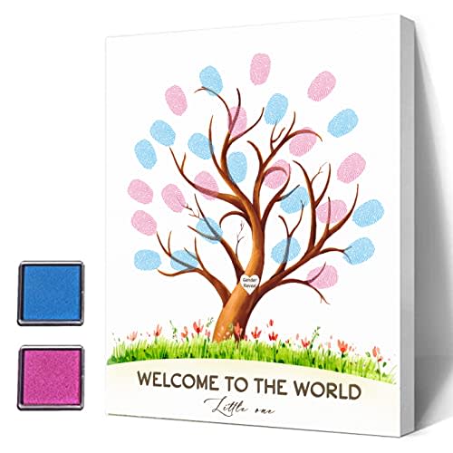 Misaidou Gender Reveal Fingerprint Tree Canvas Decoration, Gender Reveal Party Games, Baby Shower Guest Book Party Ideas, Baby Shower Guest Book with Seal