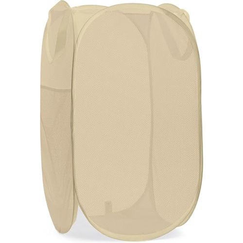Collapsible Mesh Pop Up Laundry Hamper with Side Pocket, Breathable & Space-Saving Foldable Basket for Clothes, Toys, Travel, Storage, 14 x 13 x 24 in, Beige