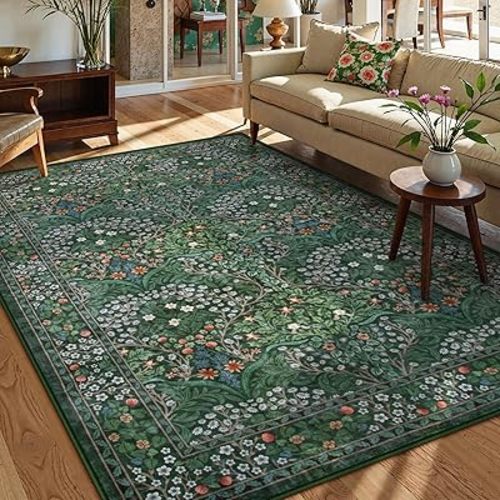 Lahome Floral Washable Rugs 5x7, Soft Green Rugs for Bedroom Living Room, Boho Non Slip Low Pile Forest Stain Resistance Large Throw Carpet for Farmhouse Dining Room Office, Dark Green
