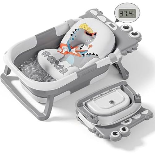 Collapsible Baby Bathtub for Newborn, Foldable Baby Bath Tub with Thermometer & Soft Floating Cushion & Drain Hole, Portable Travel Infant Bath Tubs for Newborns to Toddlers 0-36 Months Boys, Grey