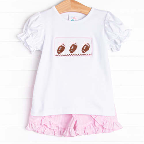 Fall Football Smocked Ruffle Short Set, Pink – Stitchy Fish