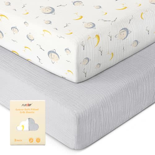 SUOSDEY 2 Pack Muslin Crib Sheets for Boys Girls Soft Breathable 70% Viscose from Bamboo 30% Cotton, 52"x28" Neutral Standard Baby Crib Mattress Sheets Fitted
