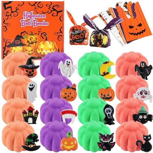 Halloween Gifts for Kids - 16pcs Halloween Bath Bombs for Kids with Toys Inside Halloween Party Favors Goodie Bag Fillers Natural Organic Bubble Bath with Spooky Pumpkin Bath Bombs
