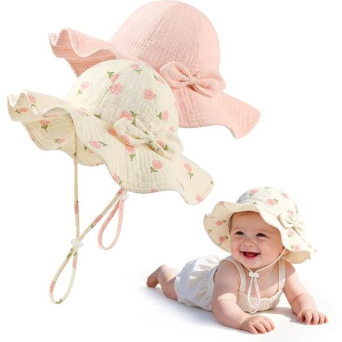 2 Pack Baby Sun Hat, Muslin Newborn Sun Hat UPF 50+ Sun Protection Infant Beach Hat with Wide Brim for 0-24 Months