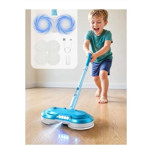 BLAXTEM Electric Mop Toy, Rechargeable W/ Water Sprayer (Light Blue)