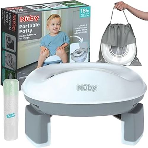 Nuby On-The-Go Portable Potty Seat - Travel Toilet Seat for Boys and Girls 18+ Months - Includes Storage Bag and Disposable Potty Liners - Toddler Travel Essentials - Toddler Potty Training Toilet