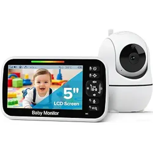 GoodBaby 5" Baby Monitor with Camera and Audio, No WiFi Secure Camera, 30-Hour Battery, Remote PTZ, Auto Night Vision, Room Temperature, Two-Way Audio，Lullabies，960 ft Range