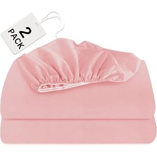 Biloban Twin Fitted Sheet 2 Pack, Twin Bedding Fitted Sheets for Girl Teens Kids Only with Deep Pocket up to 14", Shrinkage & Stain Resistant Fitted Bed Sheets, Wrinkle Free & Easy Care, Pink