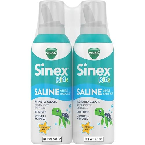 Vicks Sinex, Children's Saline Nasal Spray, Drug Free Ultra Fine Mist with Hint of Aloe, Ages 1+, Fast Everyday Stuffy Nose Relief for Kids, Clear Mucus from a Cold or Allergy, 5 OZ x 2