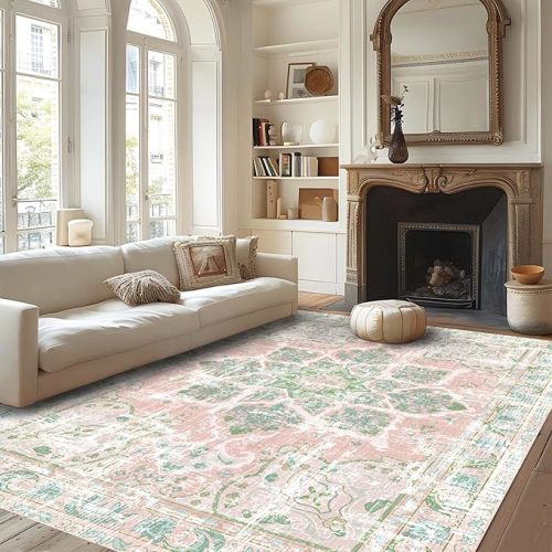 Vhong Boho Area Rugs Vintage Washable Neutral Modern Dusty Pink and Green 6x9 Non Slip Carpet for Nursery Living Room Dining Room Bedroom Farmhouse Girls'Room