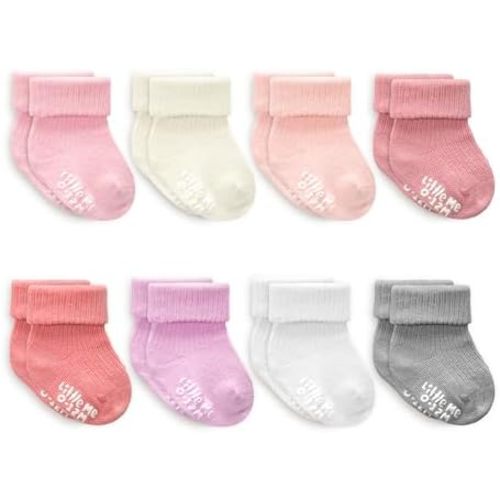 Little Me Baby Socks 16 Pairs | 61% Organic Cotton | Sizes 0-12M & 12-24M | Seamless Toe & Anti-Slip Gripper Sole