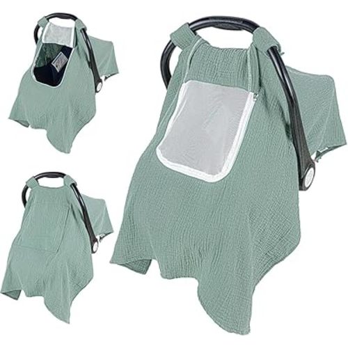 Car Seat Cover Baby, 100% Muslin Baby Car Seat Cover, 3 in 1 Carseat Sover, Carseat Cover for Baby Easy to Get in & Out