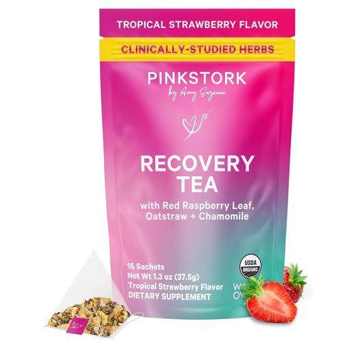 Pink Stork Postpartum Recovery Herbal Tea, Organic Red Raspberry Leaf with Chamomile, Hormone Balance for Women After Labor & Delivery, Strawberry, Postpartum Essentials, Caffeine-Free, 15 Sachets