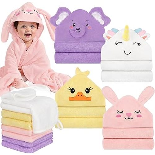 CandyHome 12 PCS Baby Bath Towels for Infants Toddlers, 4 PCS Animal Hooded Baby Towels & 8 PCS Washcloths Set, Ultra Absorbent Soft Cute Newborn Essential Gift for Boys & Girls