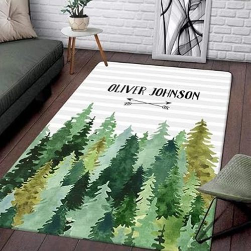 ENCYCOM Personalized Green Woodland Rug, Playmat with Custom Name, Pine Forest Rug, Playmat for Nursery Decor, Forest Rug Play Mat, Tree Theme Nursery