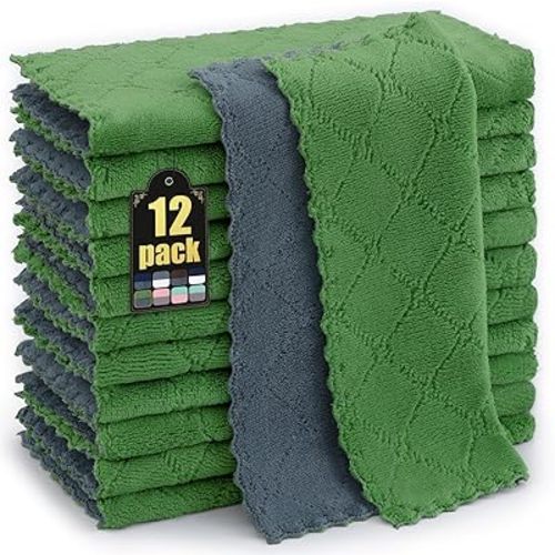 Mordimy 12 Pack Kitchen Cloths Dish Towels (10" x 10", Dark Grey & Grass Green), Super Soft and Absorbent Dish Cloths, Coral Velvet Microfiber Cleaning Cloth, Nonstick Oil Fast Dry Dishcloths