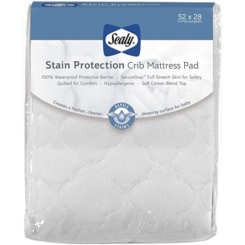 Sealy Stain Protection Waterproof Fitted Toddler Bed and Baby Crib Mattress Pad Cover Protector, Noiseless, Machine Washable and Dryer Friendly 52" x 28" - White
