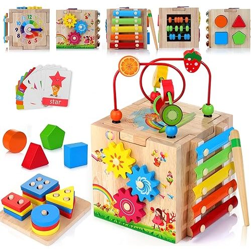 8-in-1 Wooden Activity Cube for Kids, Sorting & Stacking Toys Shape Match Xylophone Montessori Learning Toy STEM Value Pack Gift for Boys Girls Toddlers-Light Blue Packaging