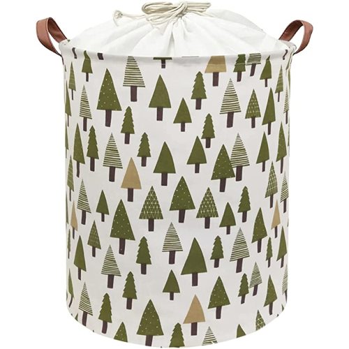 Nursery Laundry Basket Canvas Fabric Baby Boy Storage Bins,Collapsible Woodland Hamper,Waterproof Storage Baskets with Leather Handle,Forest Nursery Decor,Toy Organizer (Tree)