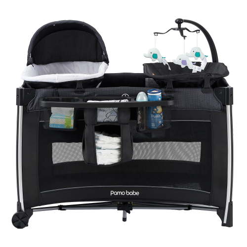 Pamo Babe 4 in 1 Baby Playard, Foldable Portable Crib with Bassinet & Changing Table and Toy Bar(Black)